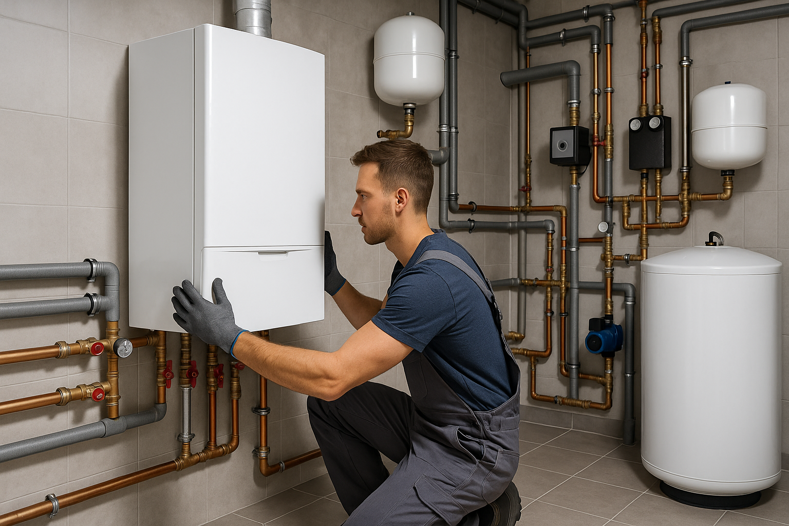 Instalator montujący kocioł w kotłowni domu jednorodzinnego